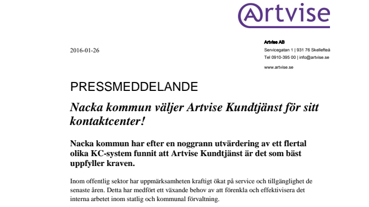 Nacka kommun väljer Artvise Kundtjänst för sitt kontaktcenter!