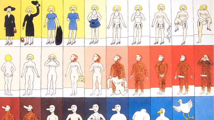 Marie-Louise Ekman, Striptease, 1973, olja på duk, 63 x 90 cm 