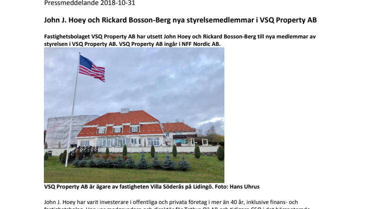 John J. Hoey och Rickard Bosson-Berg nya styrelsemedlemmar i VSQ Property AB   