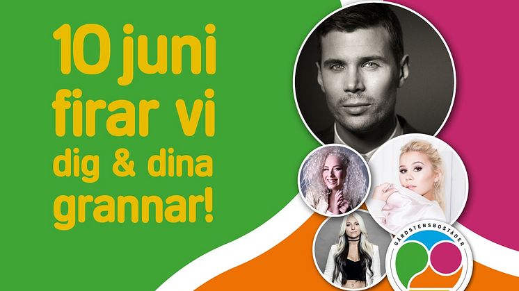 Vi firar bl a med Robin Bengtsson, Lisa Ajax, Wiktoria och Rebecka Karlsson i Gårdstensdalen lördag 10 juni.