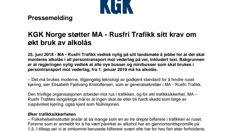 KGK Norge støtter MA - Rusfri Trafikk sitt krav om økt bruk av alkolås
