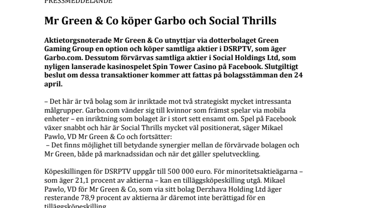 Mr Green & Co köper Garbo och Social Thrills
