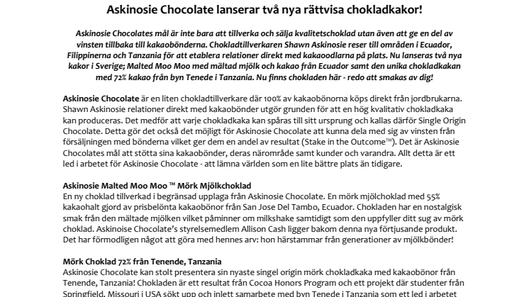 Askinosie Chocolate lanserar två nya rättvisa chokladkakor!