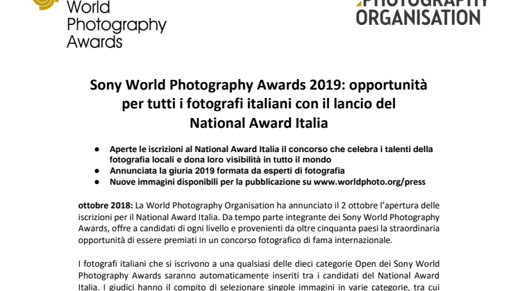 Sony World Photography Awards 2019: opportunità per tutti i fotografi italiani con il lancio del  National Award Italia