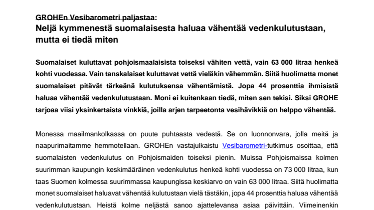 GROHEn Vesibarometri paljastaa:  Neljä kymmenestä suomalaisesta haluaa vähentää vedenkulutustaan, mutta ei tiedä miten