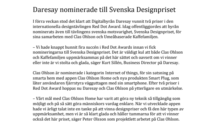 Daresay nominerade till Svenska Designpriset