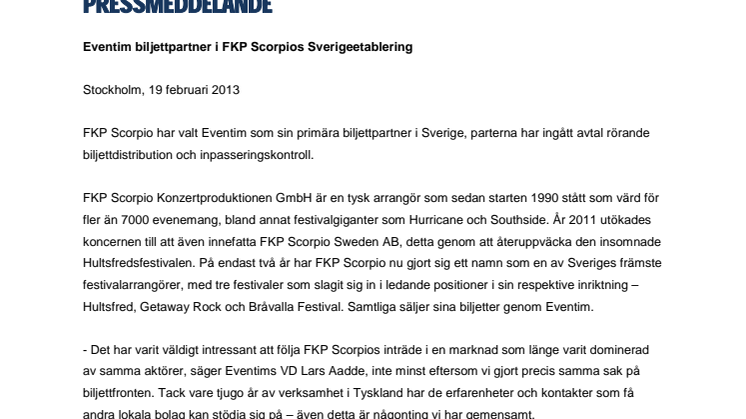 Eventim biljettpartner i FKP Scorpios Sverigeetablering