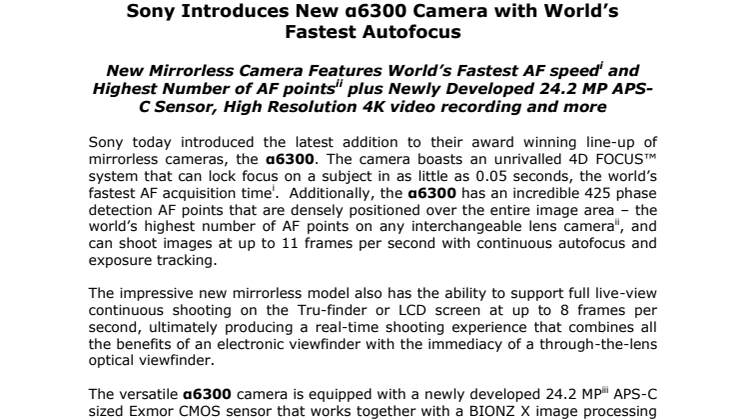Sony lanserer nye α6300 kamera med verdens raskeste autofokus