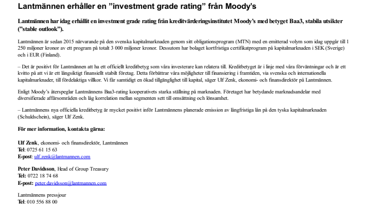 Lantmännen erhåller en ”investment grade rating” från Moody’s