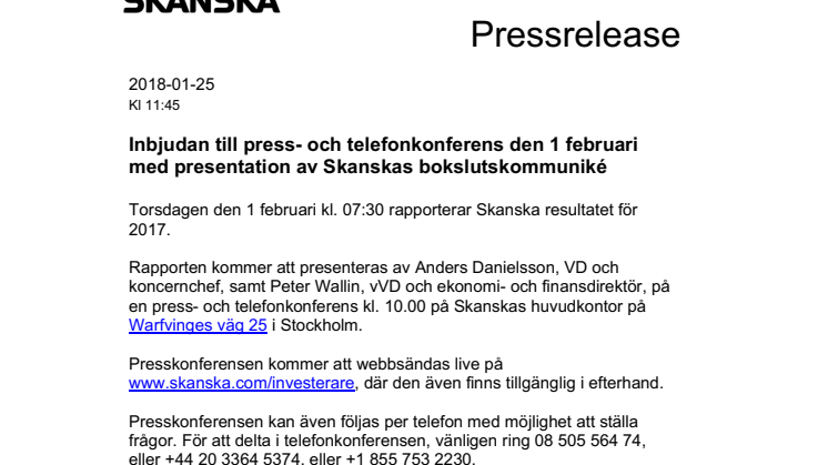 Inbjudan till press- och telefonkonferens den 1 februari med presentation av Skanskas bokslutskommuniké
