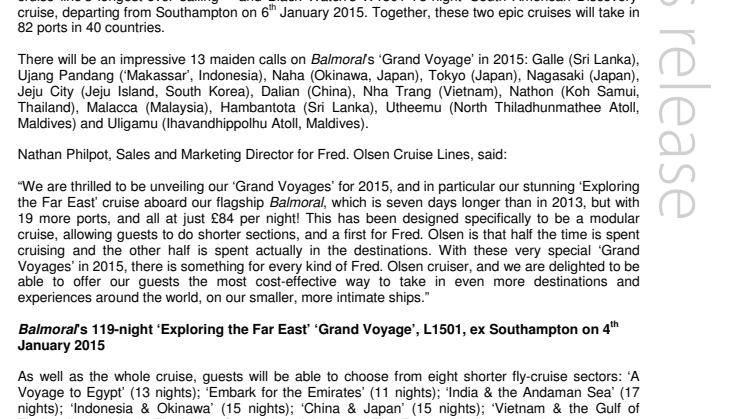 Cruise the world with Fred. Olsen Cruise Lines’ inspirational ‘Grand Voyages 2015’ – visit 82 ports in 40 countries!
