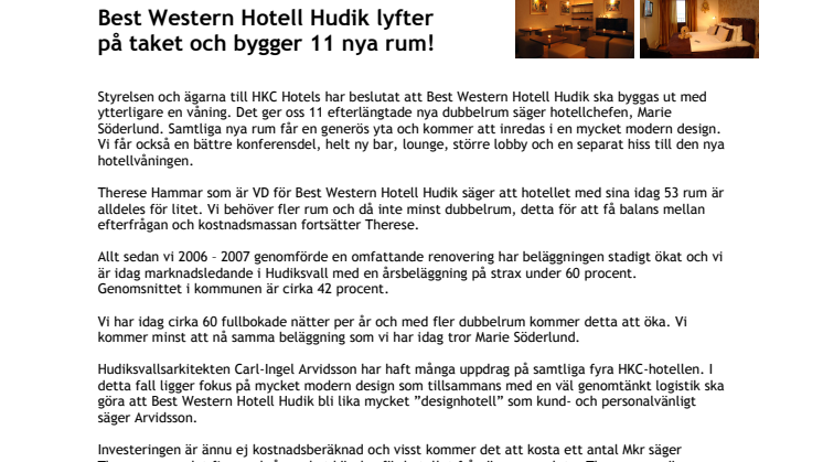 Best Western Hotell Hudik lyfter på taket och bygger 11 nya rum!