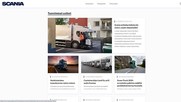 Uusi uutishuone sisältää uusimmat uutiset Scania Suomen eri kanavista