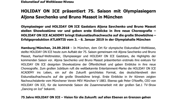 HOLIDAY ON ICE präsentiert 75. Saison mit Olympiasiegern Aljona Savchenko und Bruno Massot in München 