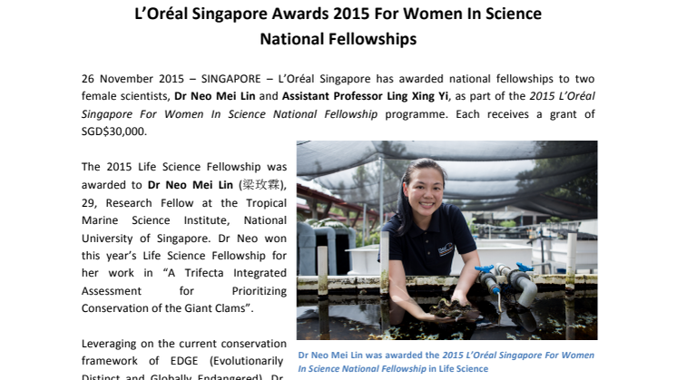 L’Oréal Singapore Awards 2015 For Women In Science National Fellowships 