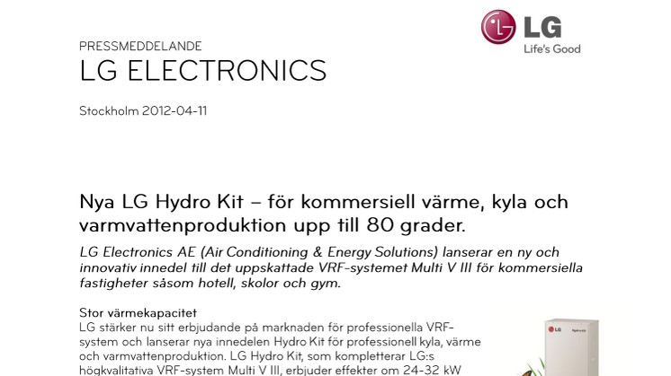 Nya LG Hydro Kit – för kommersiell värme, kyla och varmvattenproduktion upp till 80 grader.