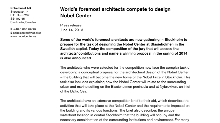 World’s foremost architects compete to design Nobel Center