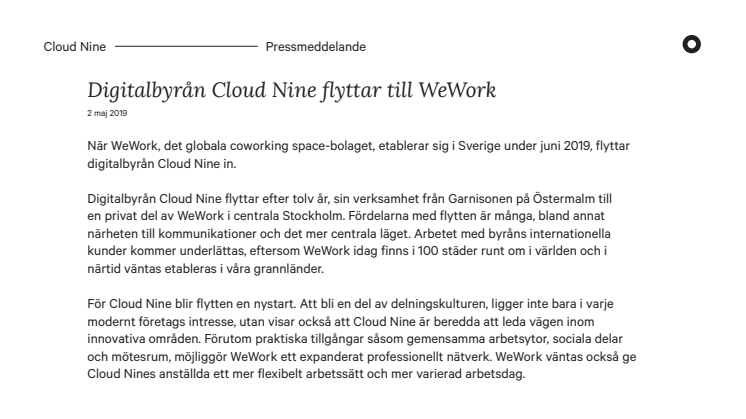 Digitalbyrån Cloud Nine flyttar till WeWork