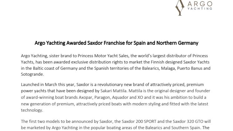 Argo Yachting Awarded Saxdor Franchise for Spain and Northern Germany