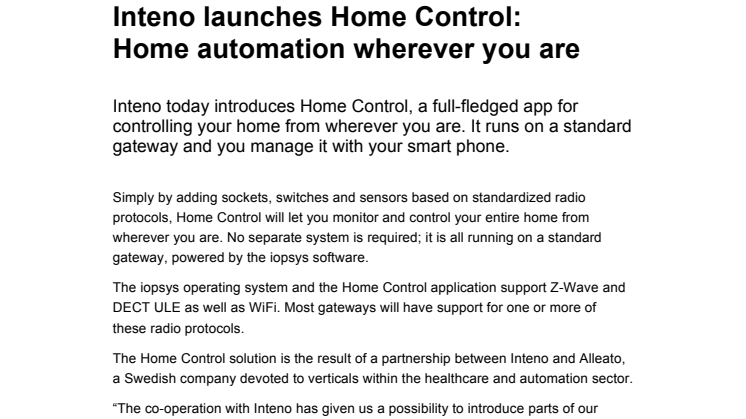 Inteno launches new Home Control: Home automation wherever you are 