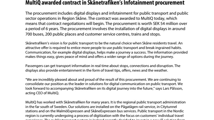 MultiQ awarded contract in Skånetrafiken’s Infotainment procurement