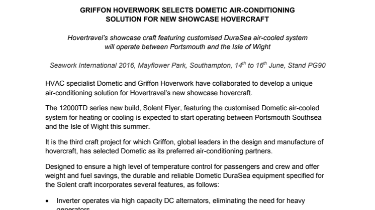 Dometic: Griffon Hoverwork Selects Dometic Air-Conditioning Solution for New Showcase Hovercraft     