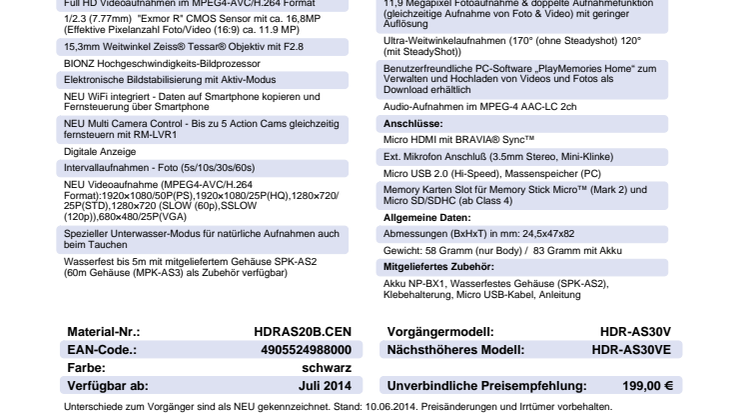 Datenblatt HDR-AS20 von Sony