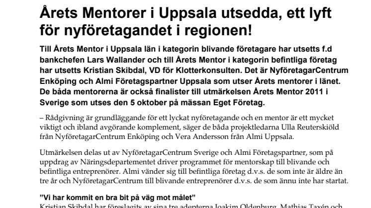 Årets Mentorer i Uppsala utsedda, ett lyft för nyföretagandet i regionen!