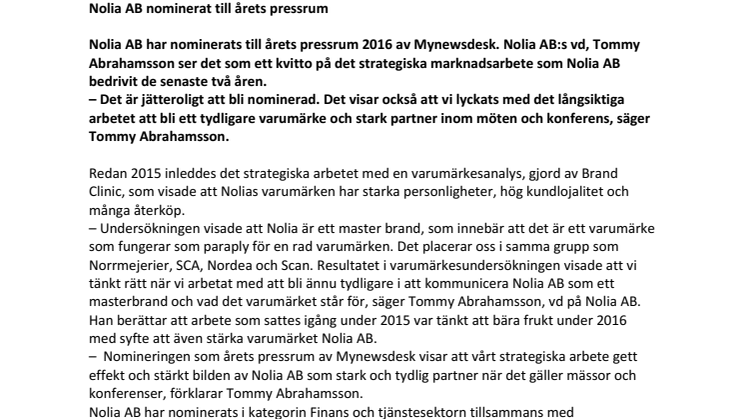 Nolia AB nominerat till årets  nyhetsrum