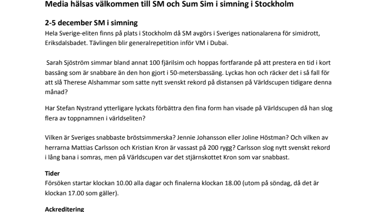 Media hälsas välkommen till SM och Sum Sim i simning i Stockholm