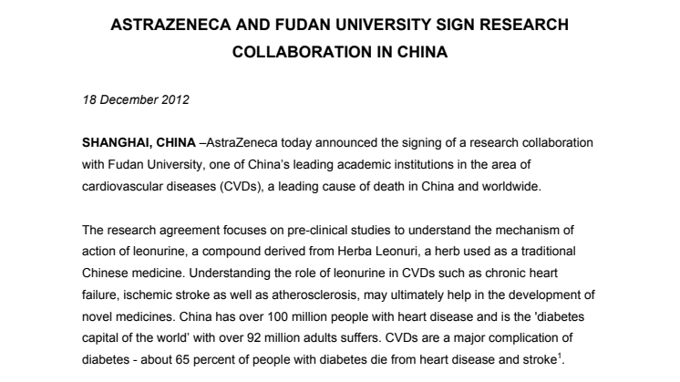 AstraZeneca och Fudan University träffar avtal om forskningssamarbete i Kina