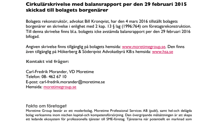 Cirkulärskrivelse med balansrapport per den 29 februari 2015 skickad till bolagets borgenärer
