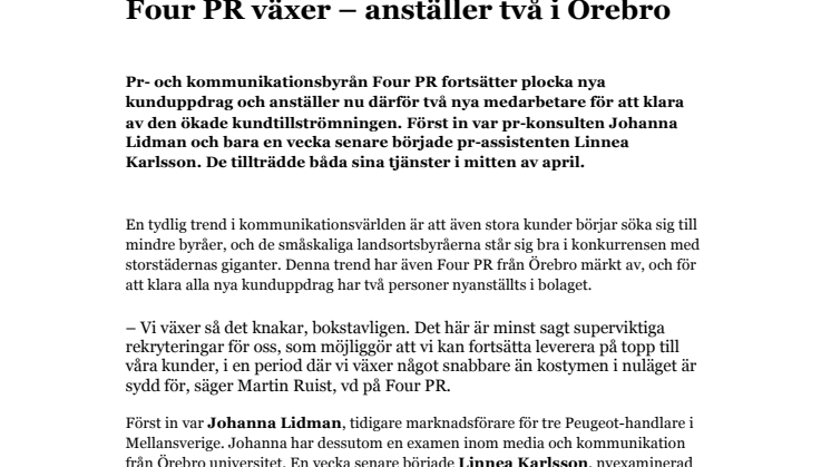 Four PR växer – anställer två i Örebro