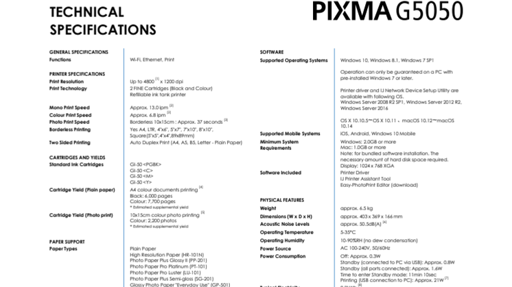 PIXMA G5050 PR Spec Sheet