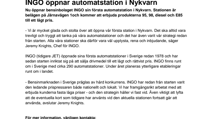 INGO öppnar automatstation i Nykvarn