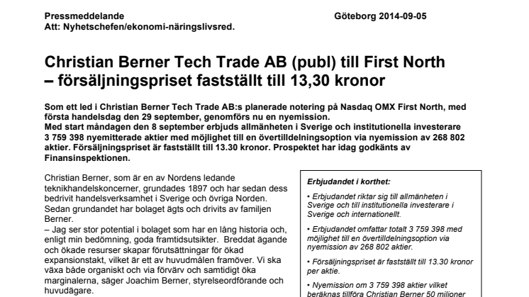 Christian Berner Tech Trade AB (publ) till First North – försäljningspriset fastställt till 13,30 kronor