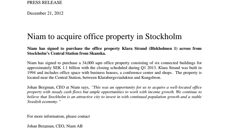 Niam to acquire office property in Stockholm