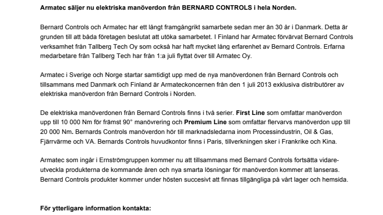Armatec säljer nu elektriska manöverdon från BERNARD CONTROLS i hela Norden.