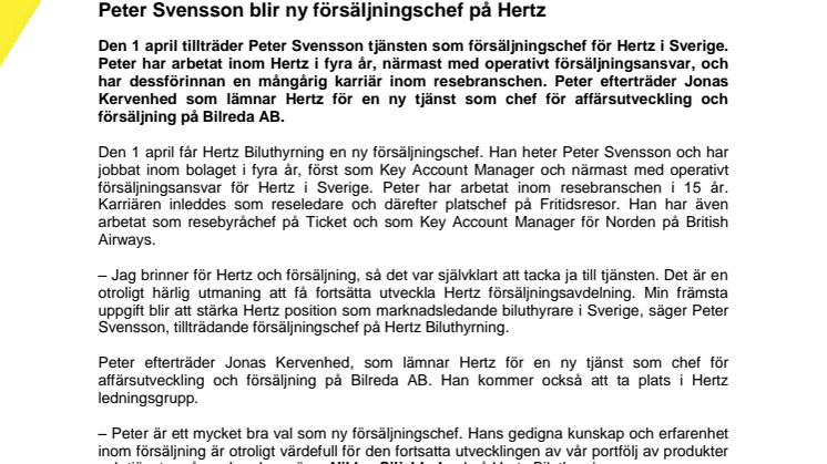 Peter Svensson blir ny försäljningschef på Hertz