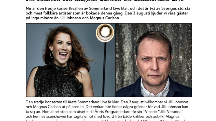 Jill Johnson och Magnus Carlson till Sommarland Live