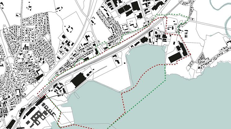 Grønn linje viser utvidelsen av planområdet for Fjordbyen Lier og Drammen. 