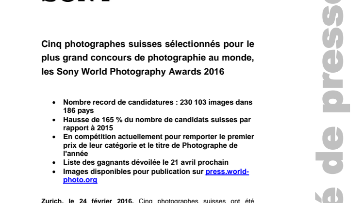 Cinq photographes suisses sélectionnés pour le plus grand concours de photographie au monde, les Sony World Photography Awards 2016