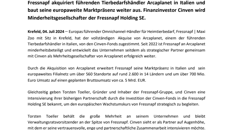 240704_Pressemeldung - Fressnapf übernimmt Arcaplanet. Cinven wird Gesellschafter.pdf