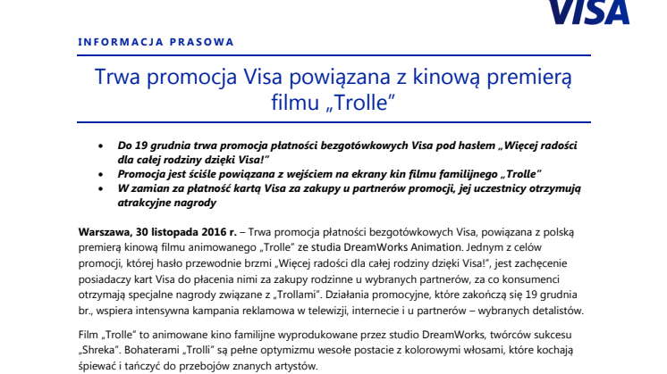 Trwa promocja Visa powiązana z kinową premierą filmu „Trolle”