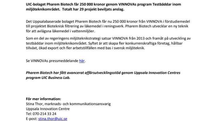 Pharem Biotech får 250 000 kronor från VINNOVA