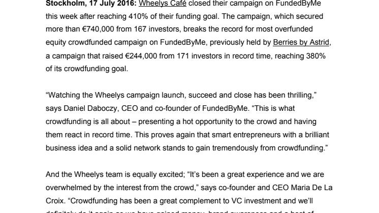 Wheelys crowdfunding campaign breaks Nordic overfunding records on FundedByMe