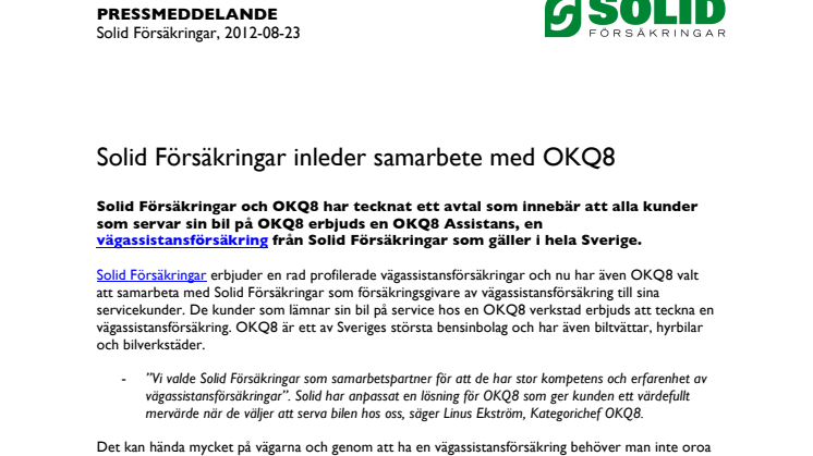 Solid Försäkringar inleder samarbete med OKQ8