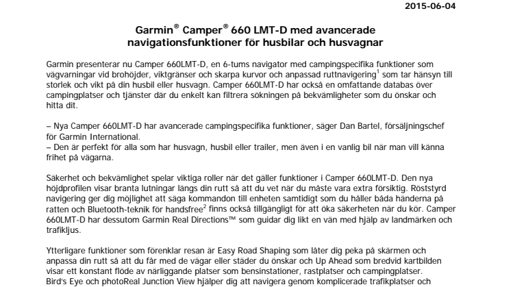 Garmin® Camper® 660 LMT-D med avancerade navigationsfunktioner för husbilar och husvagnar