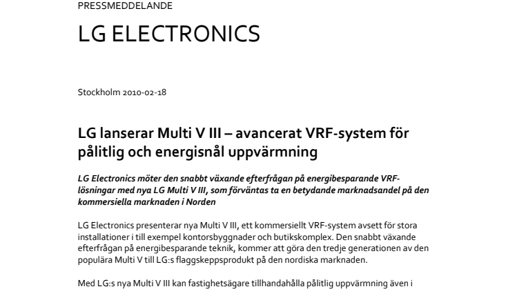 LG lanserar Multi V III – avancerat VRF-system för pålitlig och energisnål uppvärmning 