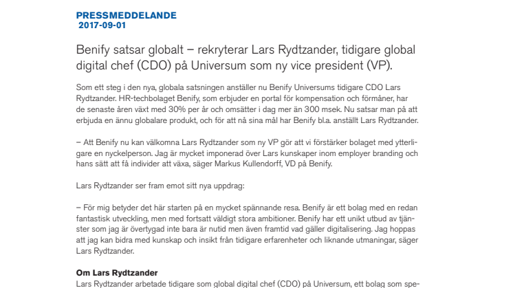 Benify satsar globalt – rekryterar Lars Rydtzander, tidigare global digital chef (CDO) på Universum som ny vice president (VP).